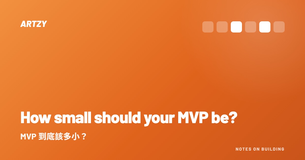 Orange gradient banner with six feature blocks where only two survive, illustrating how to cut an MVP down to its core