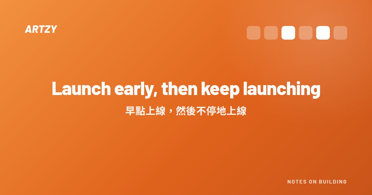 Minimal orange and white illustration of a small product rocket launching repeatedly in short cycles, visually reinforcing the idea of launching early and then keeping a steady cadence of incremental product launches